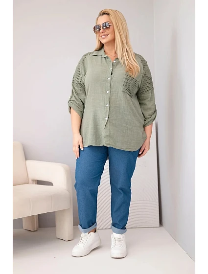 Dámská viskózová košile Plus Size s límečkem a krajkovou vsadkou khaki