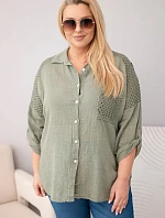 Dámská bavlněná košile ve velikosti Plus Size s límečkem a krajkovou vsadkou khaki