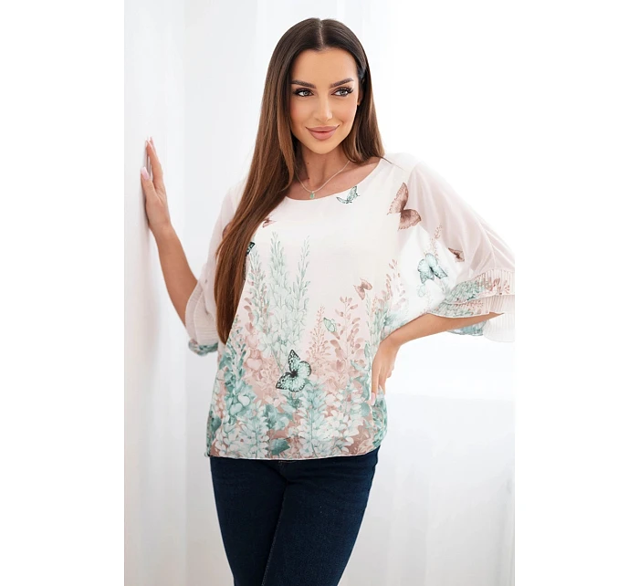 Dámská halenka s plisovaným rukávem a potiskem mentolová Dámská halenka s plisovaným rukávem a potiskem mentolová