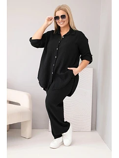 Dámský mušelínový komplet Plus Size s košilí zapínanou na knoflíky a kalhotami se širokými nohavicemi černý