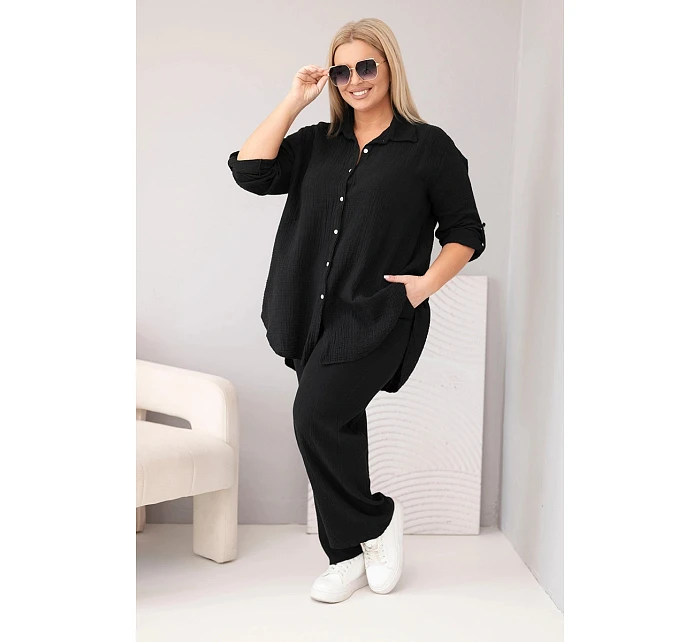 Dámský mušelínový komplet Plus Size s košilí zapínanou na knoflíky a kalhotami se širokými nohavicemi černý Dámský mušelínový komplet Plus Size s košilí zapínanou na knoflíky a kalhotami se širokými nohavicemi černý