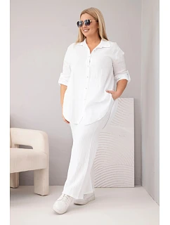 Dámský mušelínový komplet Plus Size s košilí zapínanou na knoflíky a kalhotami se širokými nohavicemi bílý