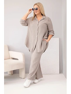 Dámský mušelínový komplet Plus Size s košilí zapínanou na knoflíky a kalhotami se širokými nohavicemi fango