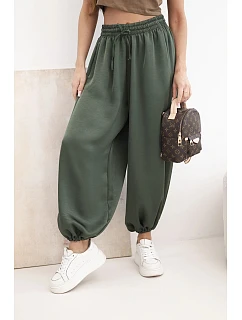 Dámské široké kalhoty s gumou v pase a s vázáním typu aladýnky khaki