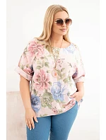 Dámská bavlněná halenka Plus Size s krátkým rukávem a květinovým vzorem pudrově růžová