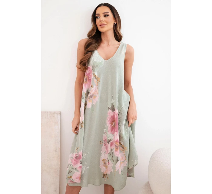 Dámské bavlněné oversize šaty s výstřihem do V a květinovým potiskem khaki Dámské bavlněné oversize šaty s výstřihem do V a květinovým potiskem khaki