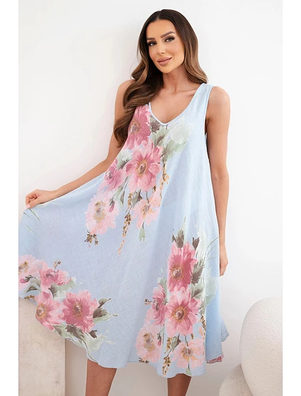 Dámské bavlněné oversize šaty s výstřihem do V a květinovým potiskem modrá Dámské bavlněné oversize šaty s výstřihem do V a květinovým potiskem modrá