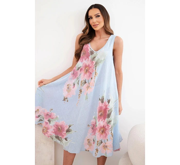 Dámské bavlněné oversize šaty s výstřihem do V a květinovým potiskem modrá Dámské bavlněné oversize šaty s výstřihem do V a květinovým potiskem modrá