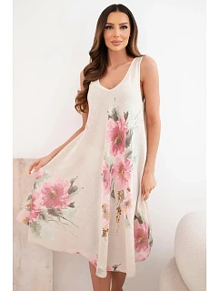 Dámské bavlněné oversize šaty s výstřihem do V a květinovým potiskem béžová