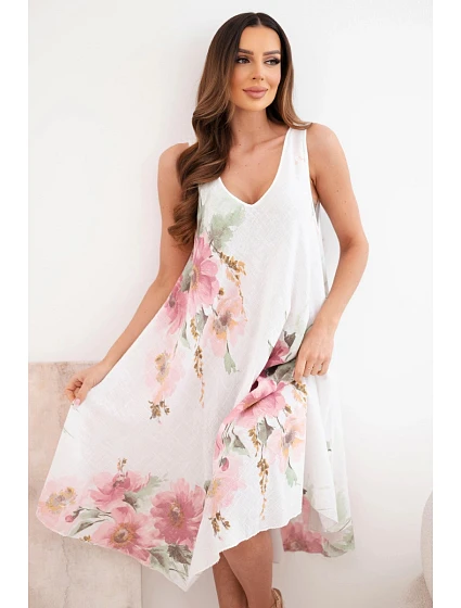 Dámské bavlněné oversize šaty s výstřihem do V a květinovým potiskem bílá Dámské bavlněné oversize šaty s výstřihem do V a květinovým potiskem bílá