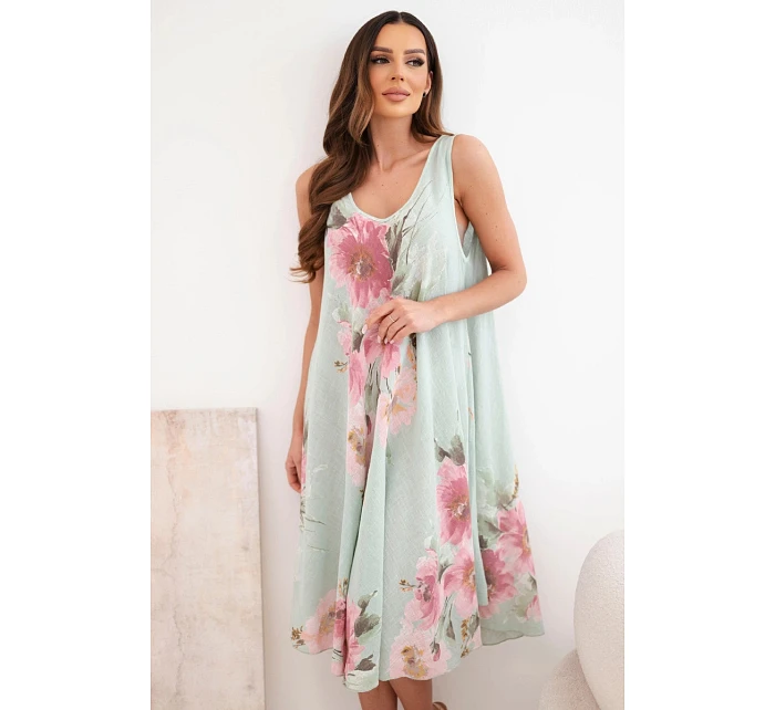 Dámské bavlněné oversize šaty s výstřihem do V a květinovým potiskem tmavě mátové Dámské bavlněné oversize šaty s výstřihem do V a květinovým potiskem tmavě mátové