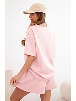 Dámský viskózový model 22077186 komplet s krátkým rukávem a kraťasy s vysokým pasem pudrově růžový - K-Fashion
