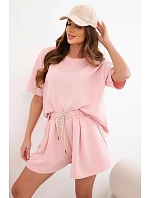 Dámský viskózový model 22077186 komplet s krátkým rukávem a kraťasy s vysokým pasem pudrově růžový - K-Fashion