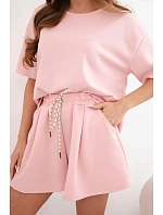 Dámský viskózový model 22077186 komplet s krátkým rukávem a kraťasy s vysokým pasem pudrově růžový - K-Fashion