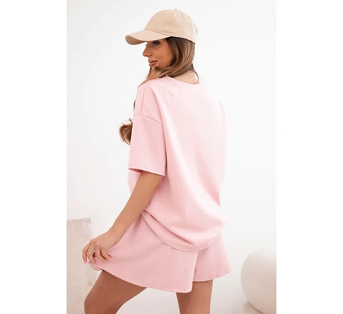 Dámský viskózový model 22077186 komplet s krátkým rukávem a kraťasy s vysokým pasem pudrově růžový - K-Fashion Dámský viskózový model 22077186 komplet s krátkým rukávem a kraťasy s vysokým pasem pudrově růžový - K-Fashion