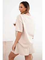 Dámský komplet z viskózy model 22077188 s krátkým rukávem a kraťasy s vysokým pasem béžový - K-Fashion