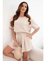 Dámský komplet z viskózy model 22077188 s krátkým rukávem a kraťasy s vysokým pasem béžový - K-Fashion