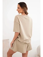 Dámský viskózový komplet s  top s krátkým rukávem a kraťasy s vysokým pasem camelový model 22077196 - K-Fashion