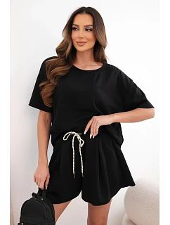 Dámský viskózový komplet v máslové úpravě s krátkým rukávem a kraťasy s vysokým pasem černý