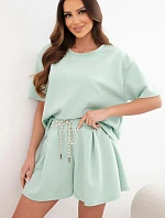 Dámský viskózový máslový komplet s krátkým rukávem a kraťasy s vysokým pasem tmavě mátová
