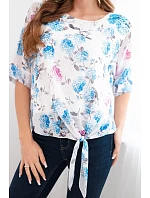 Dámská halenka s květinovým vzorem s vázáním dole modrá