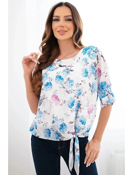 Dámská halenka s květinovým vzorem s vázáním dole modrá Dámská halenka s květinovým vzorem s vázáním dole modrá