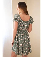 Dámské květované šaty s nabíraným rukávem a elastickým pasem khaki