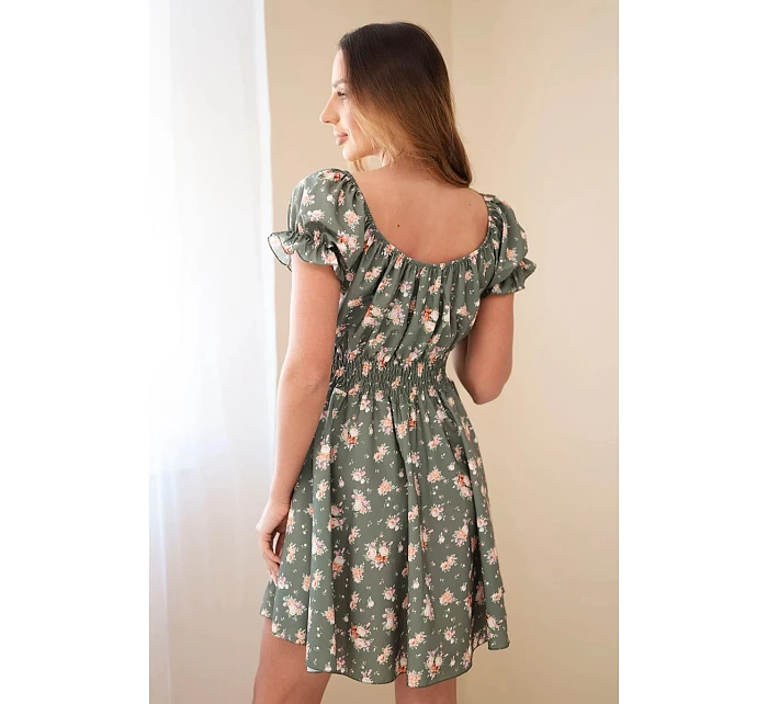 Dámské květované šaty s nabíraným rukávem a elastickým pasem khaki Dámské květované šaty s nabíraným rukávem a elastickým pasem khaki