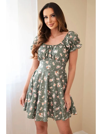 Dámské květované šaty s nabíraným rukávem a elastickým pasem khaki Dámské květované šaty s nabíraným rukávem a elastickým pasem khaki