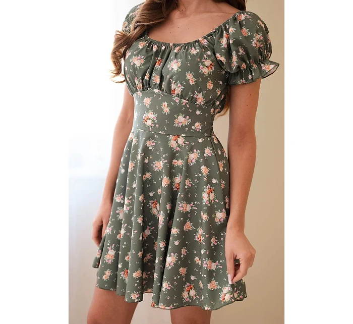 Dámské květované šaty s nabíraným rukávem a elastickým pasem khaki Dámské květované šaty s nabíraným rukávem a elastickým pasem khaki