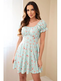 Dámské šaty s květinovým vzorem, nabíraným rukávem a elastickým pasem mentolová