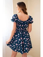 Dámské šaty s květinovým vzorem s nabíraným rukávem a elastickým pasem tmavě modré Dámské šaty s květinovým vzorem s nabíraným rukávem a elastickým pasem tmavě modré