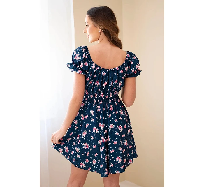 Dámské šaty s květinovým vzorem s nabíraným rukávem a elastickým pasem tmavě modré Dámské šaty s květinovým vzorem s nabíraným rukávem a elastickým pasem tmavě modré