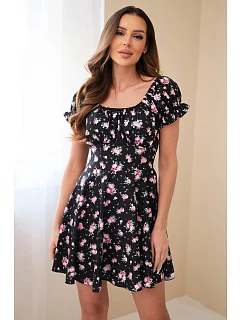Dámské květinové šaty s nabíraným rukávem a elastickým pasem černá