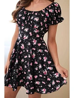 Dámské květinové šaty s nabíraným rukávem a elastickým pasem černá Dámské květinové šaty s nabíraným rukávem a elastickým pasem černá