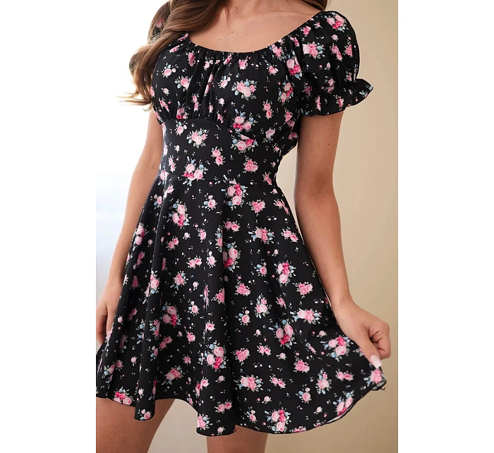 Dámské květinové šaty s nabíraným rukávem a elastickým pasem černá Dámské květinové šaty s nabíraným rukávem a elastickým pasem černá