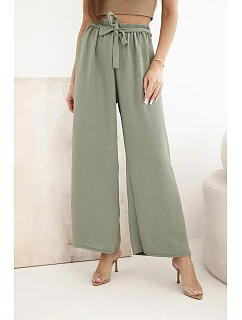 Kalhoty se širokým pasem a vázáním v pase světle khaki