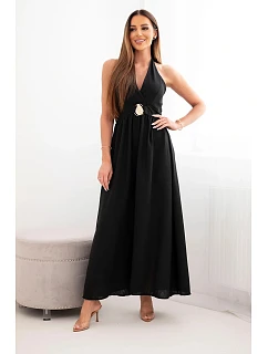 Dámské viskózové maxi šaty vázané na krku s ozdobnou sponou černá