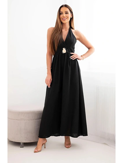Dámské viskózové maxi šaty vázané na krku s ozdobnou sponou černá Dámské viskózové maxi šaty vázané na krku s ozdobnou sponou černá