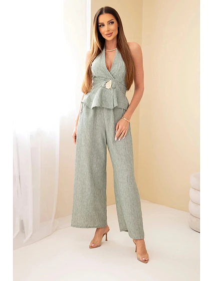 Dámský viskózový komplet – zavazovací top a kalhoty se širokými nohavicemi khaki Dámský viskózový komplet – zavazovací top a kalhoty se širokými nohavicemi khaki