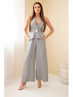 Dámský viskózový komplet, top se zavazováním a široké kalhoty šedý