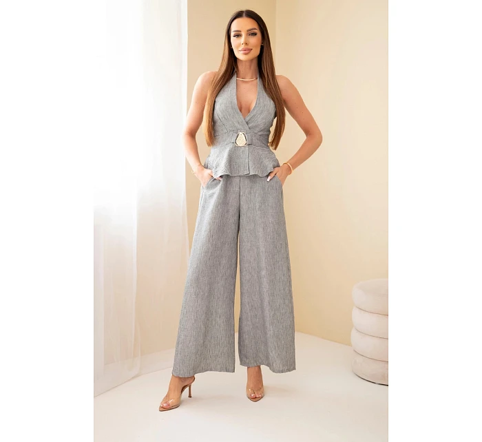 Dámský viskózový komplet, top se zavazováním a široké kalhoty šedý Dámský viskózový komplet, top se zavazováním a široké kalhoty šedý