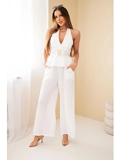 Dámský viskózový komplet vázaný top a kalhoty se širokými nohavicemi ecru