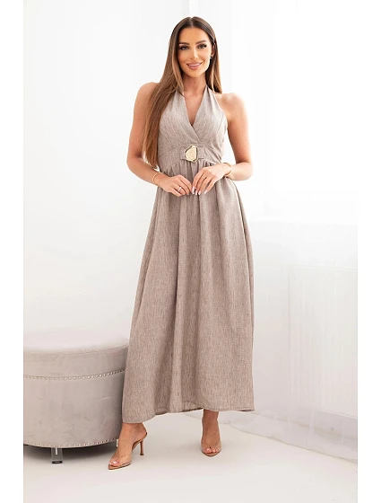 Dámské maxi viskózové šaty vázané na krku s ozdobnou přezkou fango Dámské maxi viskózové šaty vázané na krku s ozdobnou přezkou fango