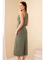 Dámské bavlněné midi šaty bez rukávů s řasením khaki Dámské bavlněné midi šaty bez rukávů s řasením khaki