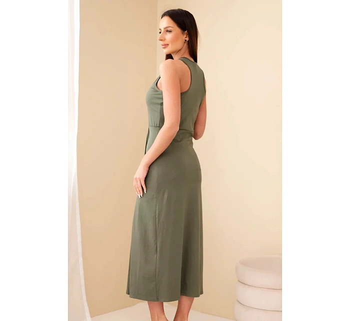 Dámské bavlněné midi šaty bez rukávů s řasením khaki Dámské bavlněné midi šaty bez rukávů s řasením khaki