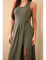 Dámské bavlněné midi šaty bez rukávů s řasením khaki Dámské bavlněné midi šaty bez rukávů s řasením khaki