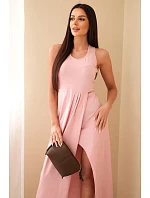 Dámské bavlněné midi šaty bez rukávů s řasením světle pudrově růžové Dámské bavlněné midi šaty bez rukávů s řasením světle pudrově růžové