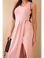 Dámské bavlněné midi šaty bez rukávů s řasením světle pudrově růžové Dámské bavlněné midi šaty bez rukávů s řasením světle pudrově růžové