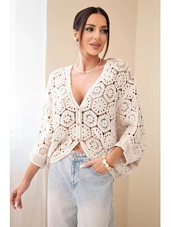 Dámský letní krajkový svetr s knoflíky a dlouhým rukávem černý